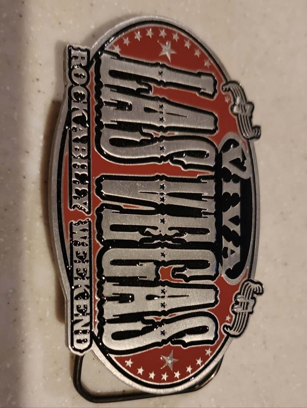 Las Vegas Rockabilly Weekend Belt Buckle - Red & Silver